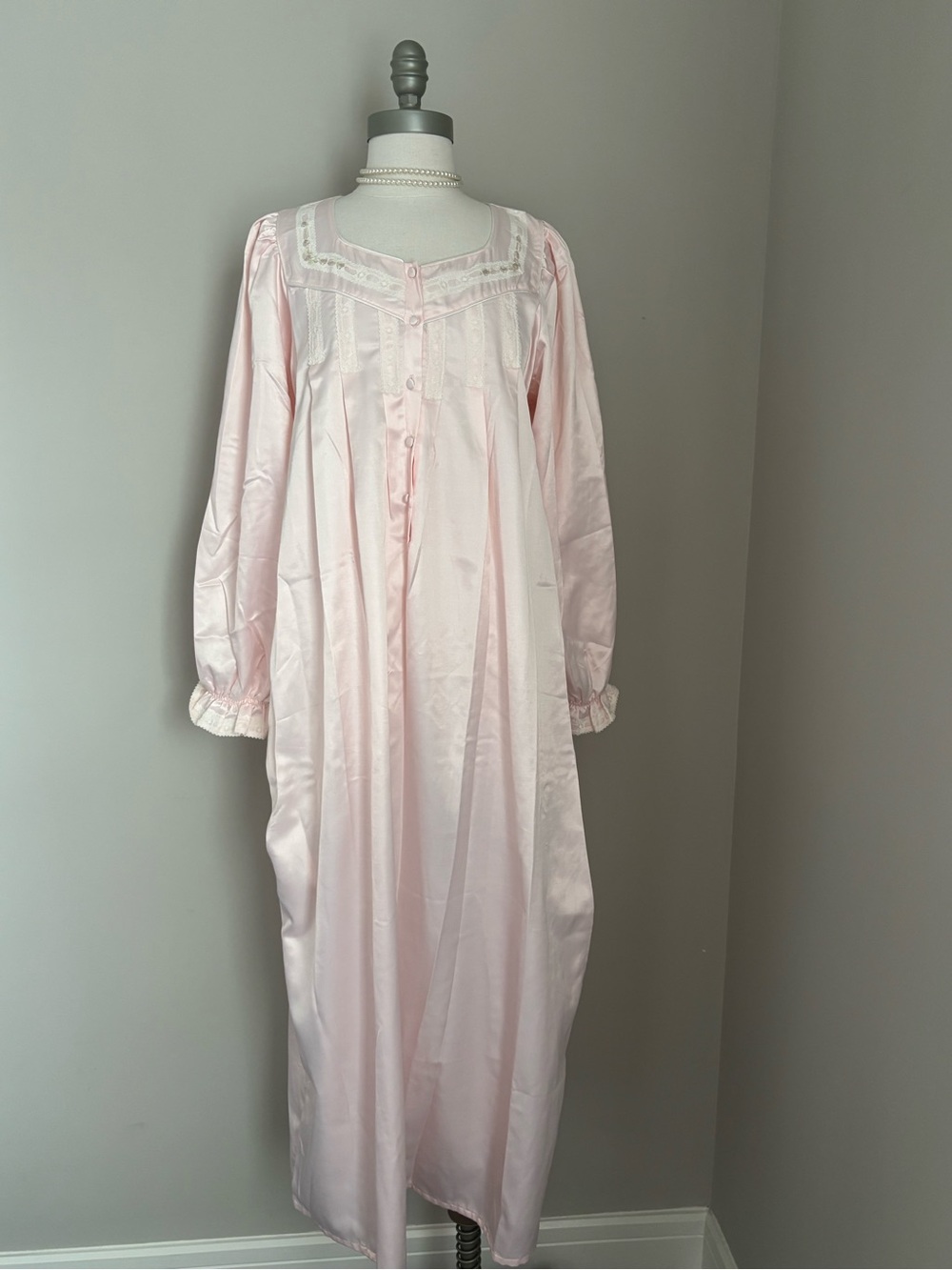 Aria Soft Pink Satin Long-Sleeve Nightgown with Lace Yoke